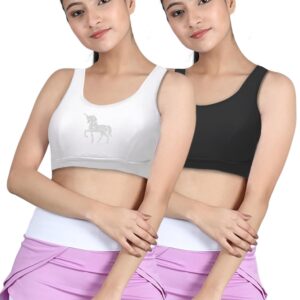DChica Sports Bra for Women & Girls, Cotton Non-Padded Full Coverage Beginners Non-Wired T-Shirt Gym Workout Bra with Regular Broad Strap, Activewear Training Bra for Teenager Kids (Pack of 2) White