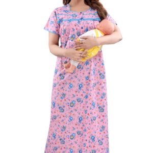 Fabme Women's Pure Cotton Feeding Nighty/Maternity Maxi Dress for Post & Pre Pregnancy Wear
