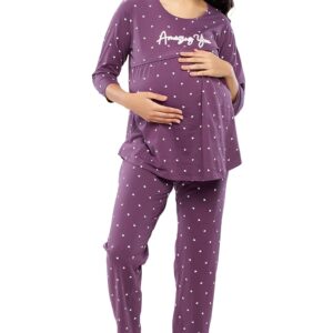 ZEYO Women's Cotton Heart Printed Maternity & Feeding Night Suit Set Of Top & Pajama Set Nursing Night Dress 5629