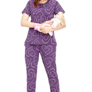 ZEYO Women's Cotton Heart Printed Nursing & Maternity Night Suit Set Of Top & Pajama Set Feeding Night Dress 5798