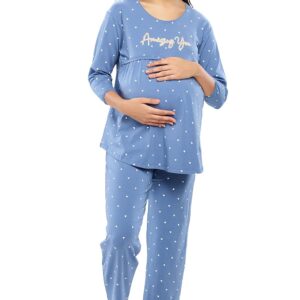 ZEYO Women's Cotton Heart Printed Maternity & Feeding Night Suit Set Of Top & Pajama Set Nursing Night Dress 5629