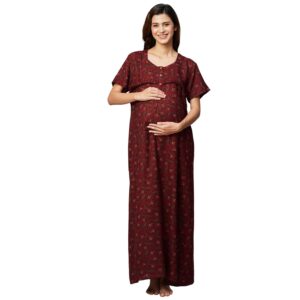 MomToBe Women's Cotton Blend Maxi Maternity Nighty/Feeding Nighty/Pregnancy Night Gown/A-Line Nursing Nighty with Zippers for Nursing Pre and Post Pregnancy