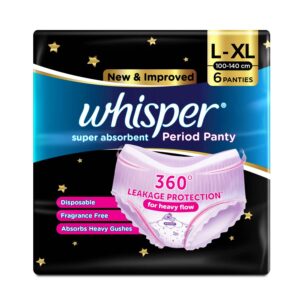 Whisper Super Absorbent Period Panty, 6 L-XL Pants, 360 Degree Leakage Protection for Heavy Flow, Panty like Fit for Full back Coverage, Absorbs Heavy Gushes, Silky Soft, Comfortable Feel-Women