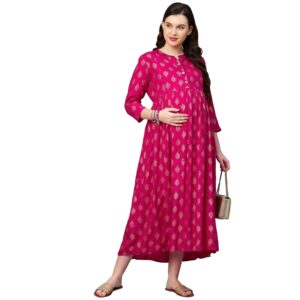 MomToBe Women's Rayon Midi Maternity Dress/Feeding Dress/Pregnancy Dress/A-Line Western Dress with Zippers for Nursing Pre and Post Pregnancy - All Over Print