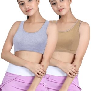 DChica Sports Bra for Girls (Pack of 2) Cotton Non-Padded Full Coverage Beginners Non-Wired T-Shirt Gym Yoga Workout Bra with Regular Broad Strap, Training Bra for Teenagers