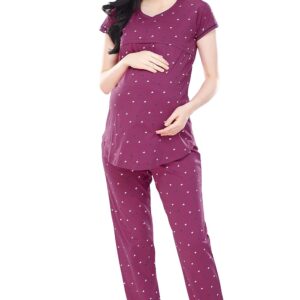 ZEYO Women's Cotton Heart Printed Maternity & Feeding Relaxed Night Suit Set Of Top & Pyjama Nursing Night Dress 5327