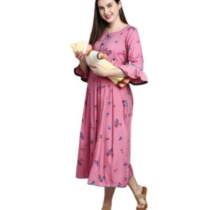 DUMMY SHAPE Maternity Gown for Women | Feeding Flare Kurta with Dual Nursing Zippers for Pre & Post Partum | Maternity Dresses for Women Cotton (DS-135_2XL, Baby Pink)