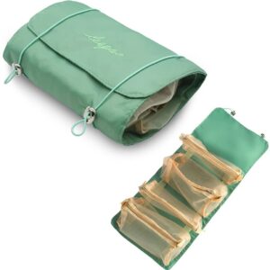 SANWALSA (Light Green) 4-in-1 Hanging Roll Up Makeup Pouch Kit, Folding Travel Toiletry Bag with Compartments, Detachable Pouch Cosmetic Organizer