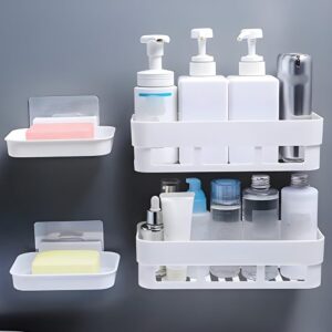 MorivaHomes Self Adhesive Multipurpose Wall Mount Bathroom Shelf For Wall Soap Dish Holder For Wall Bathroom Accessories Utensils Rack Organiser (White, 2 Bathroom Shelves & 2 Soap Dish Holder)