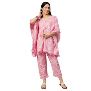 Aaheli Women's Cotton V-Neck Printed Maternity Kaftan with Pant, Baby Pink
