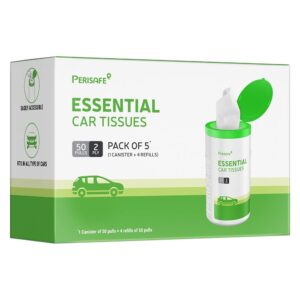 Perisafe Essential Car Tissues Pack of 5 (50 pulls 2 ply–250 pulls) | Fits in All Type of Car Cup Holder| Easily Accessible |Soft, Eco Friendly & Chemical Free |1 Canister of 50 pulls + 4 Refill