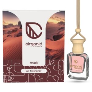 Airganic Swing Prime Car Perfume Hanging Pod - Musk Fragrance | 10 ML | Car Air Freshener |Natural Essential Fragrance Oils in Glass Bottle with Wooden Diffuser Lid |Last Upto 60 Days