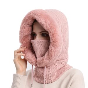 PALAY® Winter Caps for Women Girls One-Piece Knit Thick Warm Winter Hat with Neck Hood Scarf & Windproof Mask, Fashion Snow Proof Fleece Lined Winter Hat for Outdoor Riding Skiing, etc