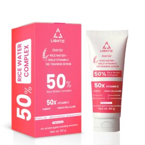 Light Up Sunrise Rice Water De-Tan Face Scrub with 50% Rice Water Complex, Cherry, Vitamin C | Detan & Brighten in 1 Use | Vegan Cellulose Gently Exfoliate & Remove Blackheads | For All Skin Type| 60g