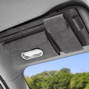 Automaze Suede Sun Visor Organizer Tissue Napkin Box Holder, With Sunglass Holder, Card Slot, Pen Holder (Gray)