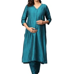 The Mom Store Maternity Nursing and Feeding Kurta Set | Nursing Zippers | Pre and Post Pregnancy | Raw Silk | Kurta Pant Set | Solid |
