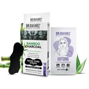 Dr. Rashel Beauty Elixirs Bamboo Charcoal Nose Pore Strips, 5 Strips with 5 wipes, with Charcoal Extracts, Oil Control Cleansing - Pack of 10(5 Strips & 5 Wipes)