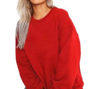 LEOTUDE Women's Boyfriend/Loose Fit Round Neck Loopknit Sweatshirt (Red Color)