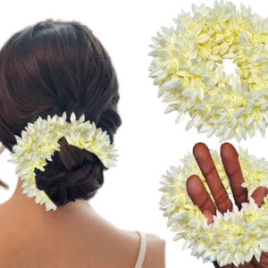 Temperia (2 Pcs) Scented Mogra Gajra Hair Accessories For Women & Girls - Hair Flower Bun Artificial Fake Gajra Scrunchies Rubber Band - Premium & Voluminous, White