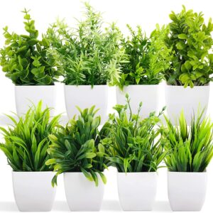 Dekorly Artificial Potted Plants, 8 Pack Artificial Plastic Eucalyptus Plants Small Indoor Potted Houseplants, Small Faux Plants for Home Decor Bathroom Office Farmhouse (Set 0F 8)