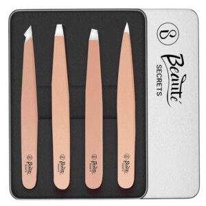 Beauté Secrets Luxury Tweezers Set - Professional Stainless Steel Tweezers, Best Precision Tweezers for Eyebrows - Great Precision for Facial Hair, Ingrown Hair, Splinter, Eyebrow Tweezers (Rose Gold)