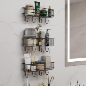 Plantex Self-Adhesive Multipurpose Bathroom Shelf with Hooks/Towel Holder/Rack/Bathroom Accessories Holder - GI Steel - Pack of 3 (Black,Powder Coated)