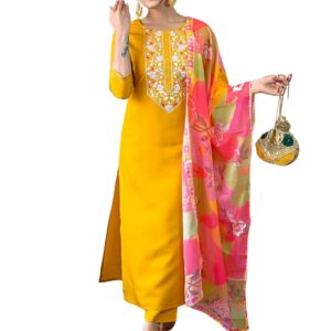 Naixa Women's Rayon Embroidered Straight Kurta with Pant and Dupatta Set (NX-673)