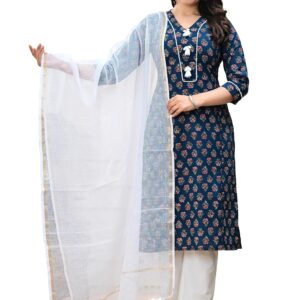 Cotton Hand Block Printed Kurta Pant With Dupatta
