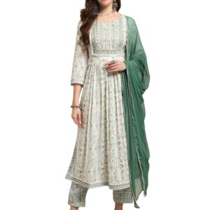 Amayra Women's Viscose Rayon Nayra Cut Embroidered Kurta with Pant and Dupatta Set