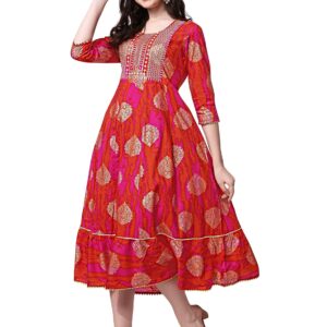 MIRCHI FASHION Women's Cotton Sequins Embroidery Work Foil Printed A-Line Kurti Only