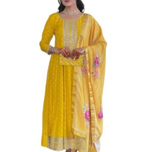 Naixa Women's Vichitra Silk with Cotton Lining Embroidered Flared Kurta with Pant and Dupatta Sets (NX-644)