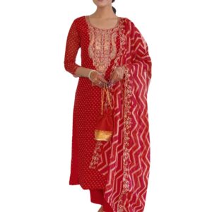 Naixa Women's Vichitra Silk Embroidery Printed Straight Kurta with Pant and Dupatta Sets (NX-648)