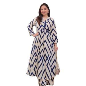 Women's Rayon Kurta Palazzo Set, Pink and Beige Geometric Print, 3/4 Sleeve