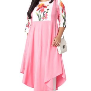 Janasya XL Love Women's Plus Size Pink Poly Crepe Kurta