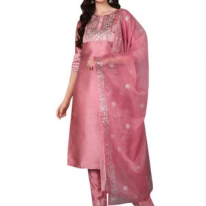 Vaamsi Women's Silk Blend Yoke Design Embroidered Straight Kurta Pant with Dupatta