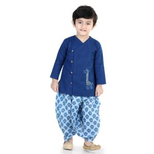 BownBee Ethnic Wear Cotton Kurta Dhoti Set for Boys, Front Open Horse and Giraffe Embroidered With Full Sleeves and V Neckline Ideal for All Festivals
