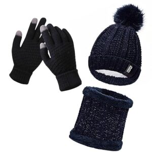 X-LENT Stylish Winter, Faux Fur Pom Beanie Hat, Knit Scarf and Touch Gloves Set | Beanie Style | 3 Piece Set - Stay Warm