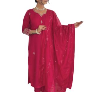 Naixa Women's Chanderi Silk Embroidered Straight Kurta with Pant and Laced Dupatta Sets (426)