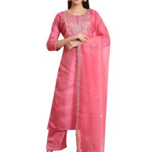 VredeVogel Women's Silk Blend Embroidered Kurta with Pant & Dupatta Set
