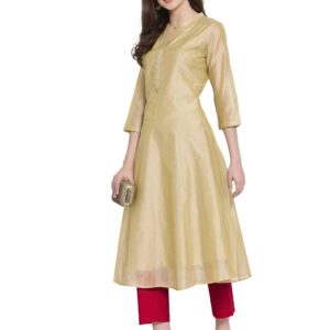 Beige Gold & Rose Pink Embroidered Festive Anarkali Suit Set| Chanderi Readymade Outfit Kurti for Womens | Kurti Set for Ladies