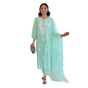 Naixa Women's Cotton Embroidered Straight Kurta with Pant and Dupatta Sets (NX-631)