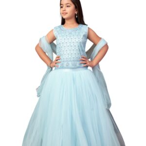 Aarika Girls Ethnic Wear Turquoise Colour Mirror Embroidery Net Lehenga Choli Set With Dupatta