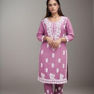 BHARVITA Women's Cotton Blend Lucknowi Embroidered Chikankari Straight Kurta with Pant Set