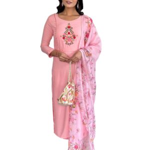 Naixa Women's Rayon Embroidered Straight Kurta with Pant and Dupatta Sets (NX-584)