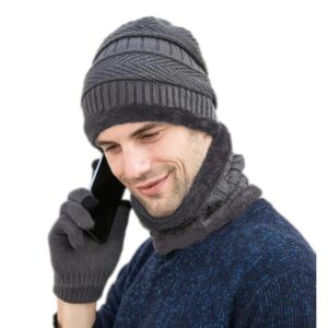 HUNTSMANS ERA Winter Knit Beanie, Hat, Neck Warmer Scarf and Woolen Gloves Set - Skull Cap for Men & Women (3 Piece)