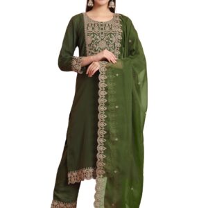 VredeVogel Women's Silk Blend Embroidered Kurta with Pant & Silk Chiffon Dupatta Set (Pink_Small)
