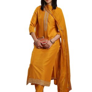 GoSriKi Women's Jagah Silk Blend Straight Embroidered Kurta with Pant & Dupatta