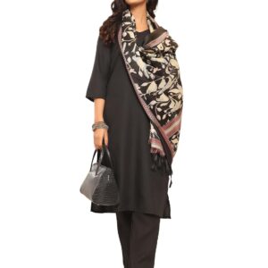 Varanga Women's Solid Black V-Neck Straight Kurta Set with Printed Dupatta – Stylish & Comfortable Ethnic Wear for Casual & Festive Occasions