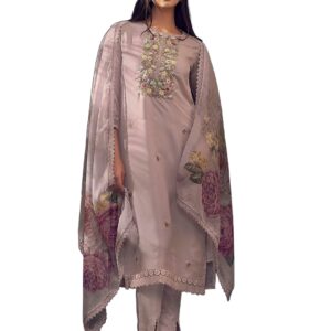 INDO ERA Women's Embroidered Organza Calf Length Straight Kurta Pant With Dupatta Set