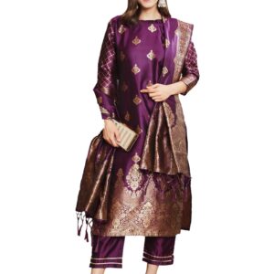VredeVogel Women's Cotton Silk Jacquard, Banarasi Silk Kurta Pant With Dupatta Set